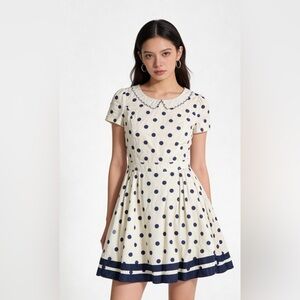 E-Land White + Navy Blue Polka Dot Lined Mini Dress w/ Peter Pan Collar | Sz 4